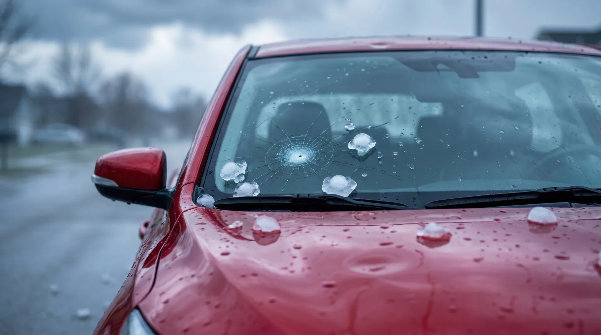 Hagelkörner auf der Motorhaube und Einschlag in der Windschutzscheibe nach dem Unwetter vom 28.08.2026 im Kreis Ludwigsburg